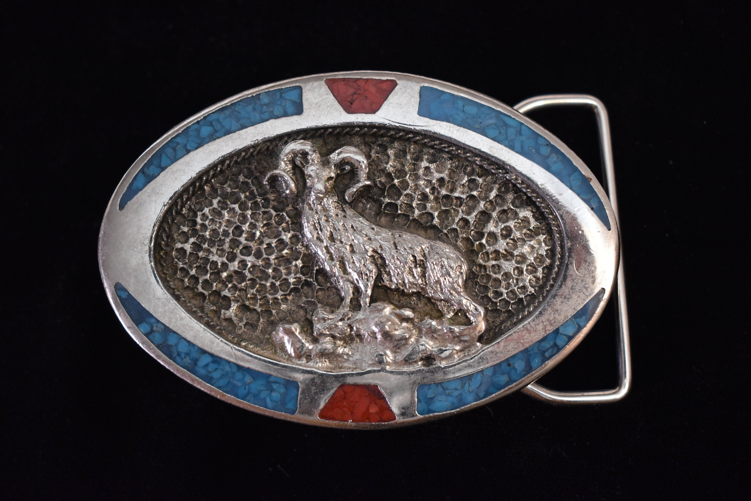Bighorn Sheep Ram Crushed Turquoise Red Coral Chip Inlay Southwestern Vintage Belt Buckle - Tt
