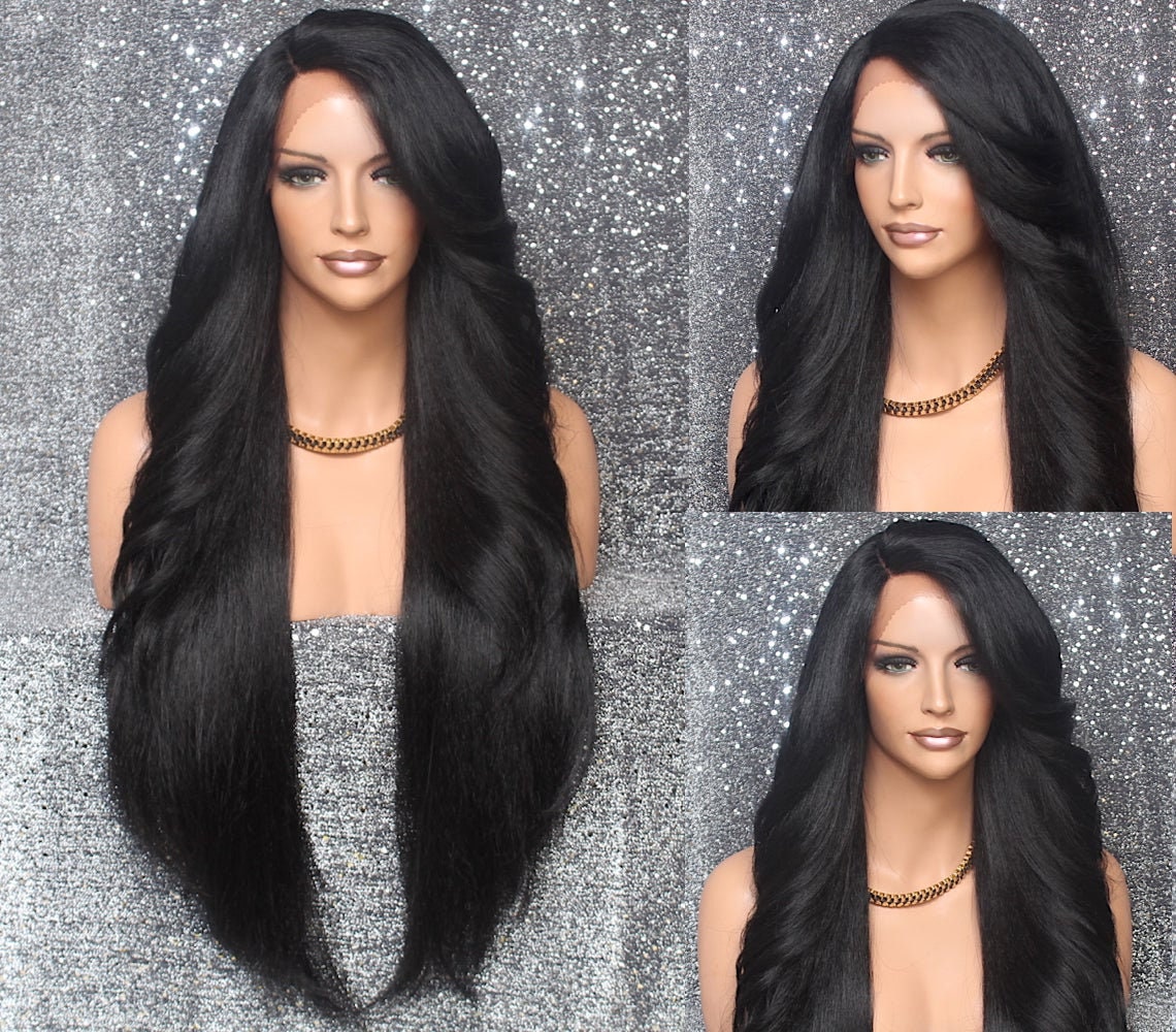 Black Luscious Human Hair Blend Full Lace Front Wig With Feathered Sides Long Swept Bangs & Natural Side Parting Cancer Alopecia