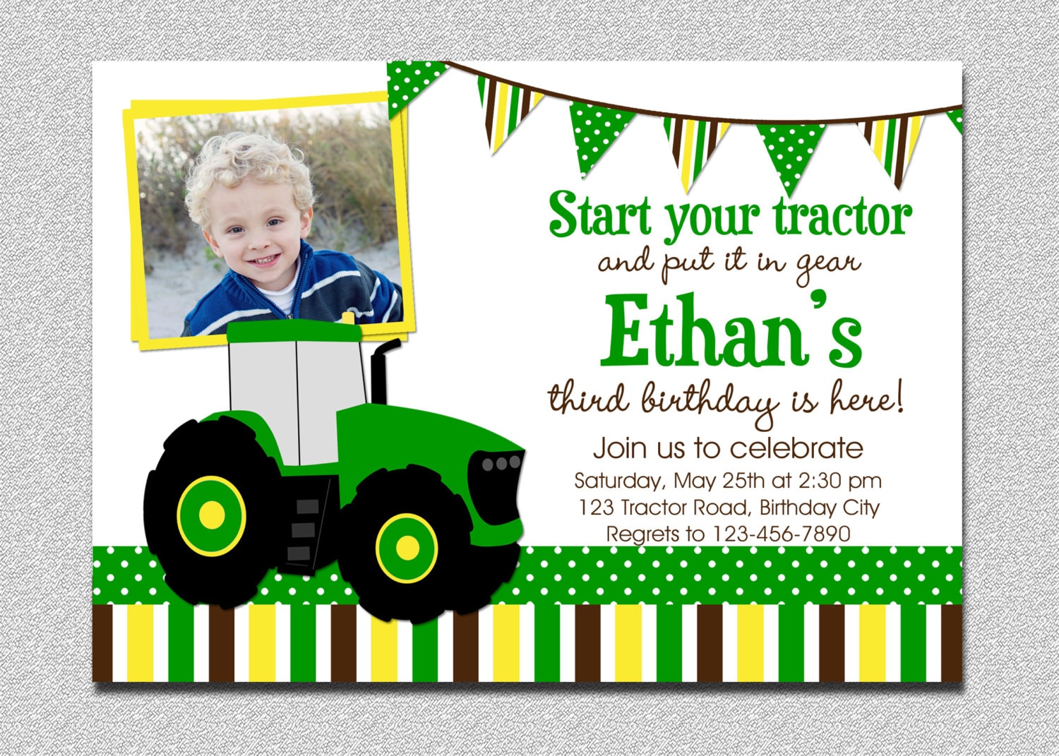 Tractor Birthday Invitation, Party Boys Green Farm Invitation
