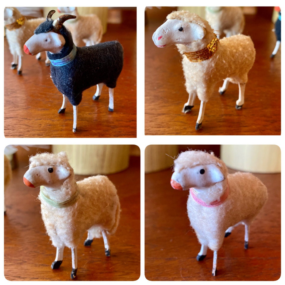 Wonderful Antique Set...three Putz Wooly Sheep & A Rare Ram. Nativity Traditions Date To The Mid 1800S - 1900S