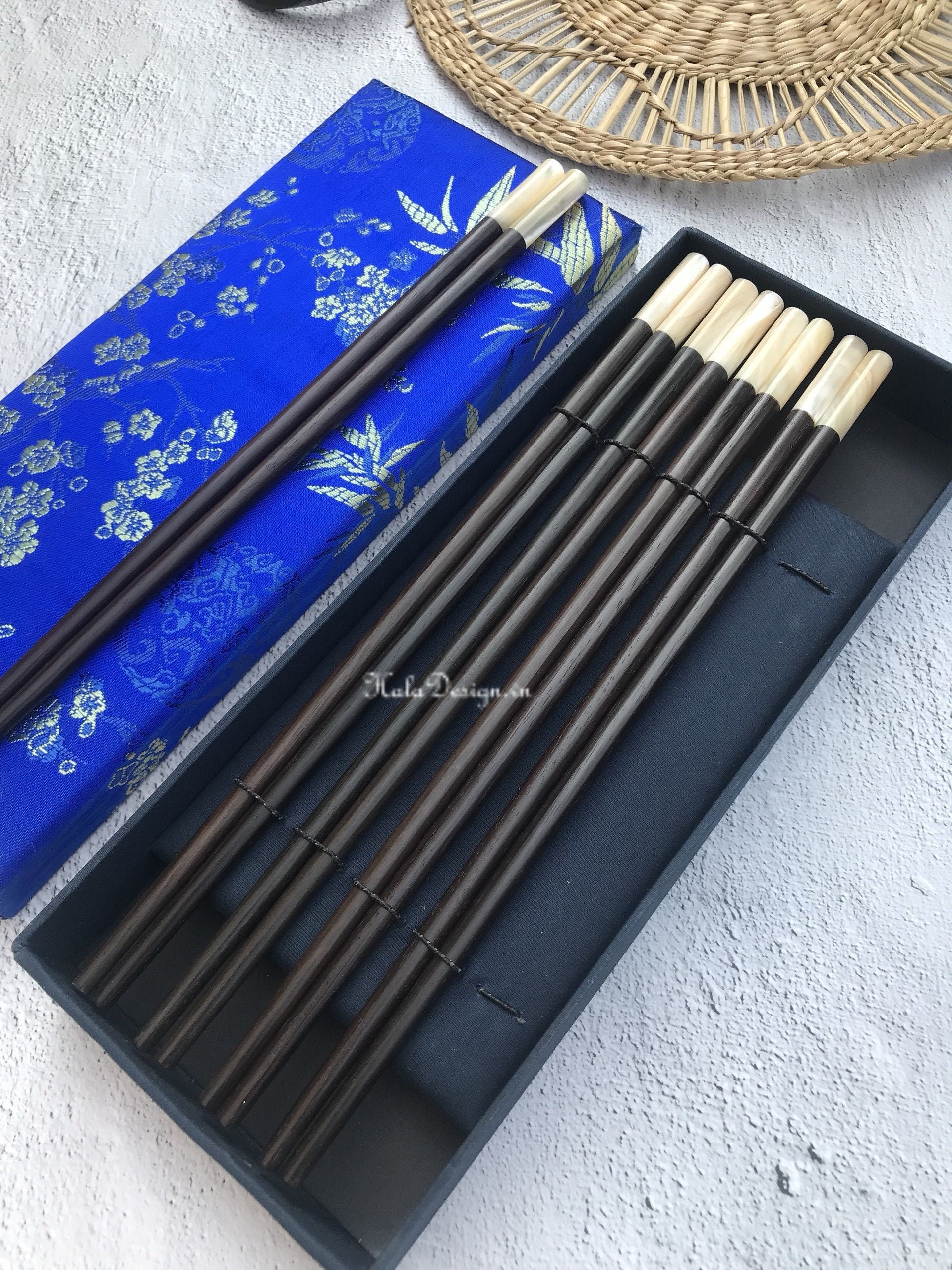 Set Of 5 Chopstick Pairs With Silk Brocade Box, Engraving Custom Chopstick Gift, Box Chopstick, Wedding Favour, Japanese