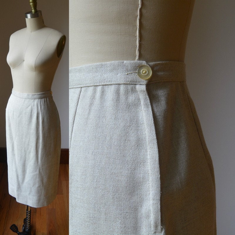 Vintage Sand Colored Linen Blend Pencil Skirt Women's Size 8, Fitted Straight in A Tone Medium Waist Measures 29 Inches