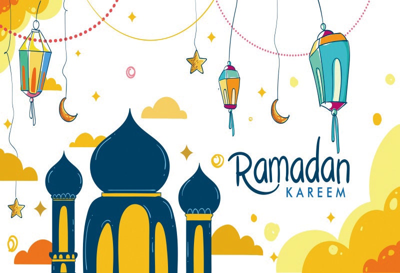 Ramadan Kareem Photography Backdrop, Muslim Holiday Mosque & Minarets Gold Glitter Moon Backdrop Banner Printed Vinyl Background Decoration