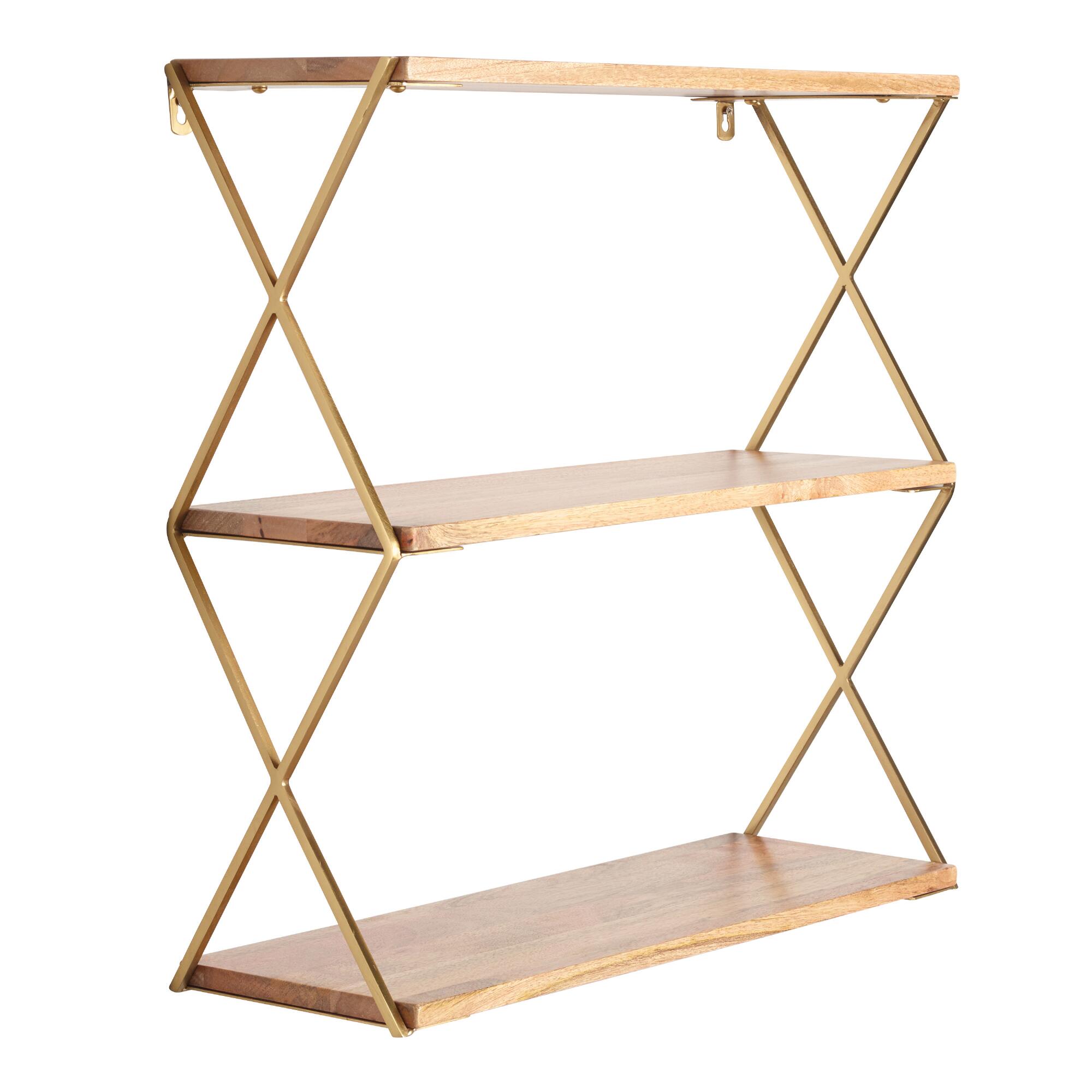 Natural Wood and Gold 3 Tier Wall Shelf by World Market