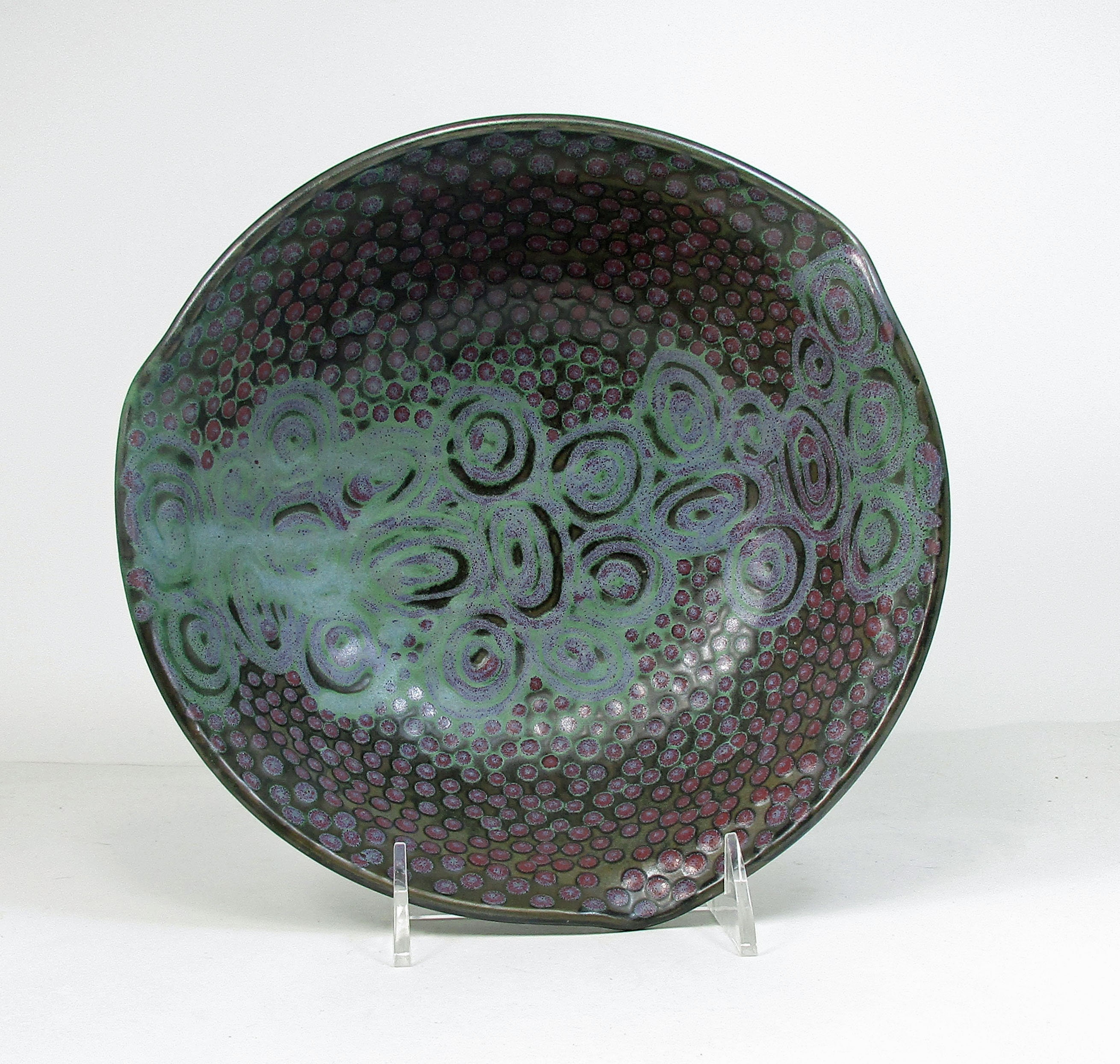 Ceramic Serving Bowl in Dark Green With Light Concentric Circles & Red Polka Dots