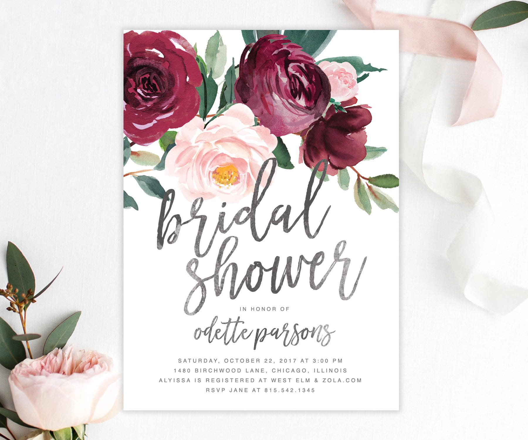 Bridal Shower Invitation, Marsala, Burgundy, Wine, Blush Pink Florals & Greenery Invite - Printed Or Printable Black Odette