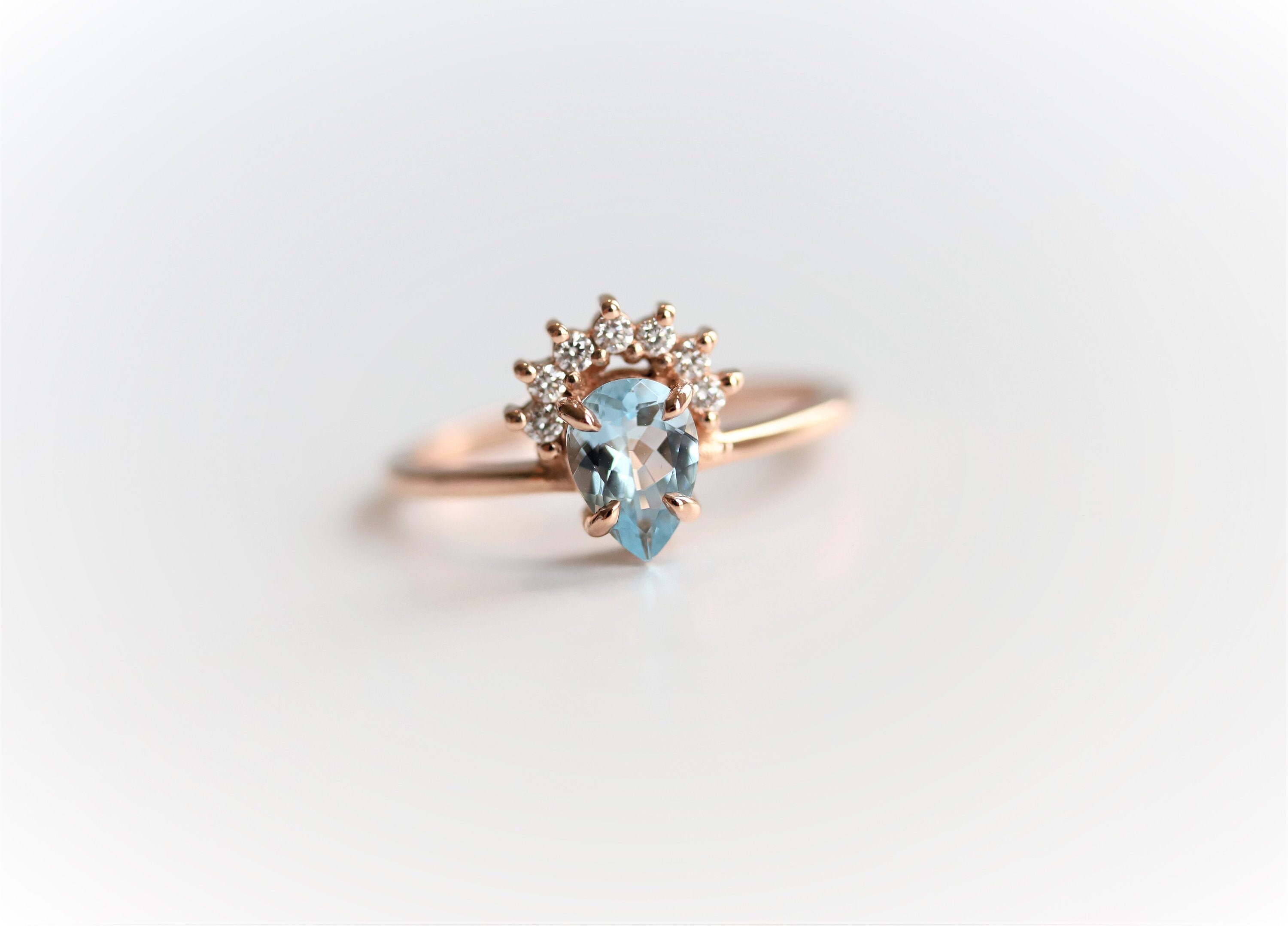 Lily - Pear Aquamarine & Diamond Crown Promise Ring | Solid 14K Gold Birthstone