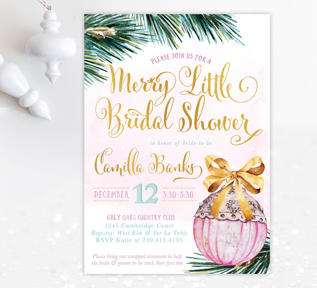 Holiday Bridal Shower Invitation, Merry Little Invite, Christmas Winter - 30 Pink