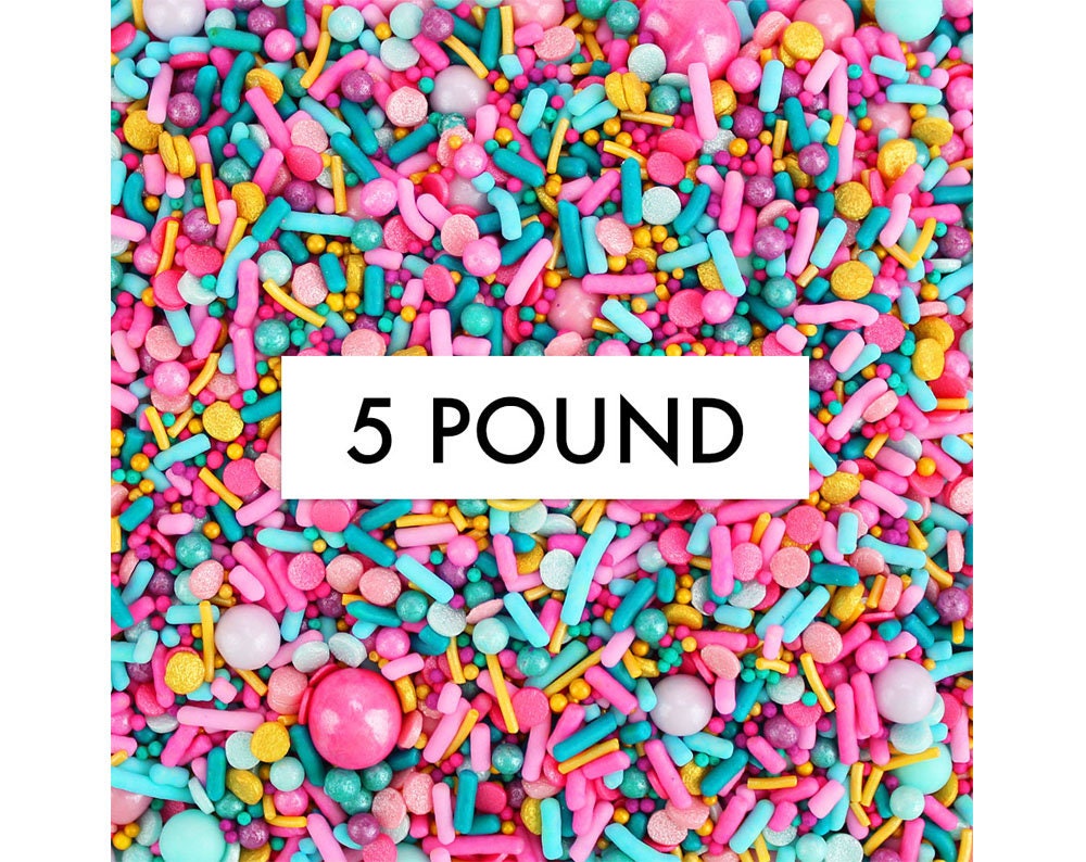 Bollywood Sprinkle Blend - 5 Pounds - Jewel Tone Blend Of Pink, Teal, Light Blue, Plum, & Gold, Jimmies, Non P's, Candy Beads, Sugar Pearls