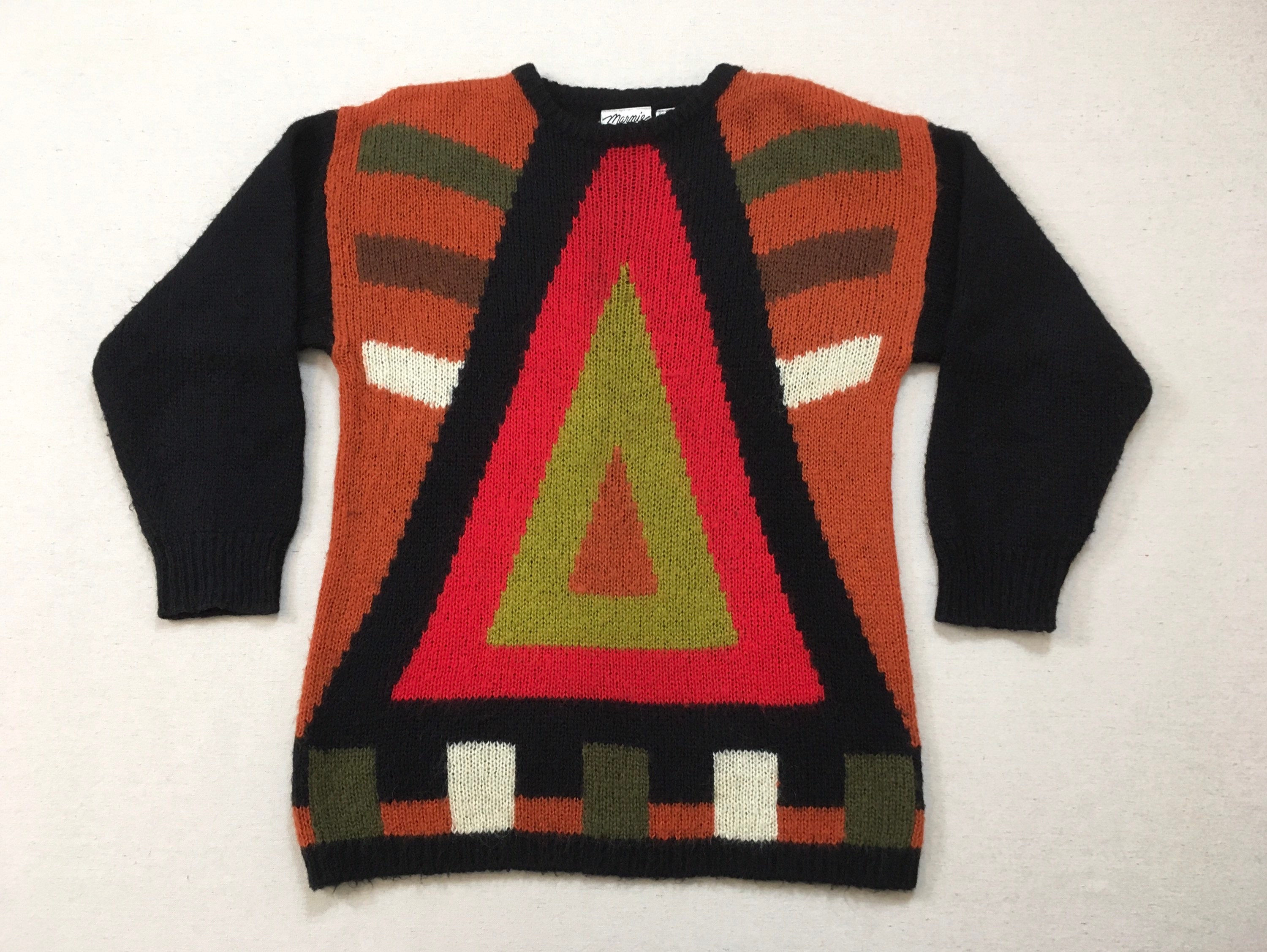 1980's, Mohair Blend, Tunic Sweater, in Black With Red, Pumpkin, Brown, Chartreuse & White, Geometric Design