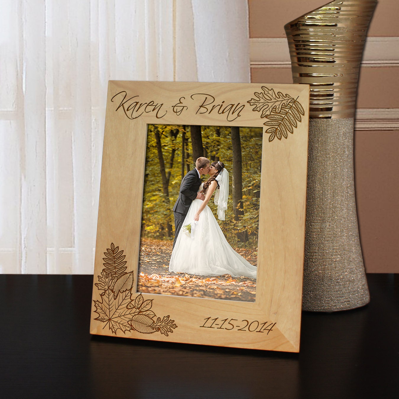 Autumn Leaves Fall Wedding Inspired Picture Frame Engraved With Text & Font Selection | Select Size Orientation