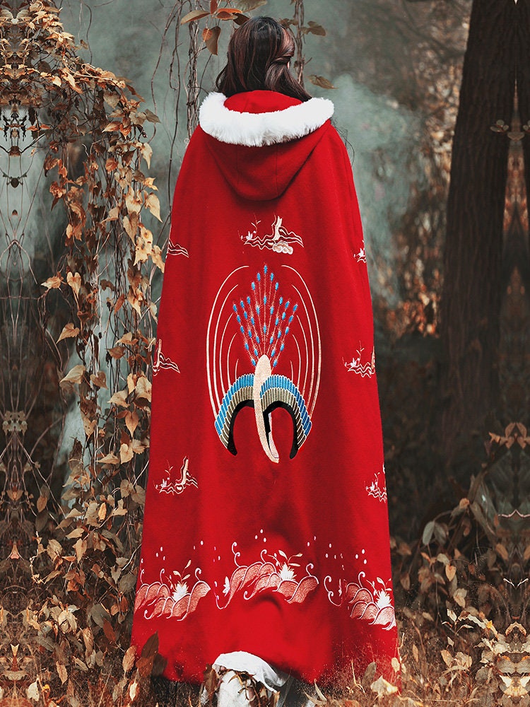 Wool Blend Hooded Cape Cloak With Embroidery , Length 110cm