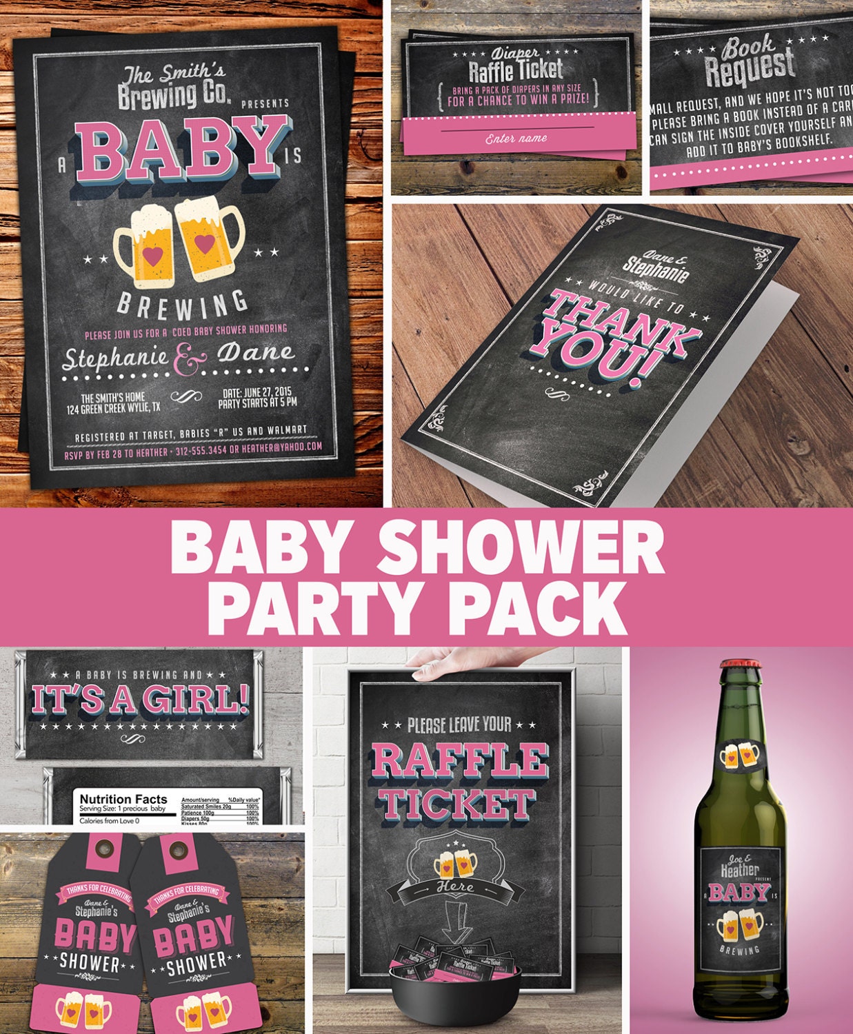 Party Pack, Party Decorations, Coed Baby Shower Invitation- Beer Girl - Boy Shower, Is Brewing