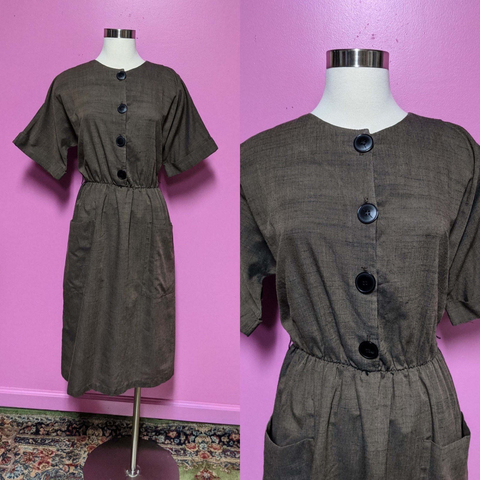 Malouf/70's Brown Cotton Blend Midi Dress/Size Large /Elastic Waist Dress