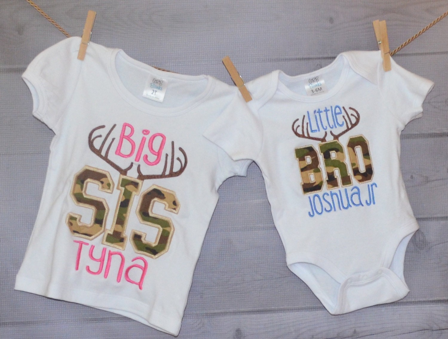 Personalized Big Little Bro Sis With Deer Antlers & Camo Applique Shirt Or Bodysuit Girl Boy