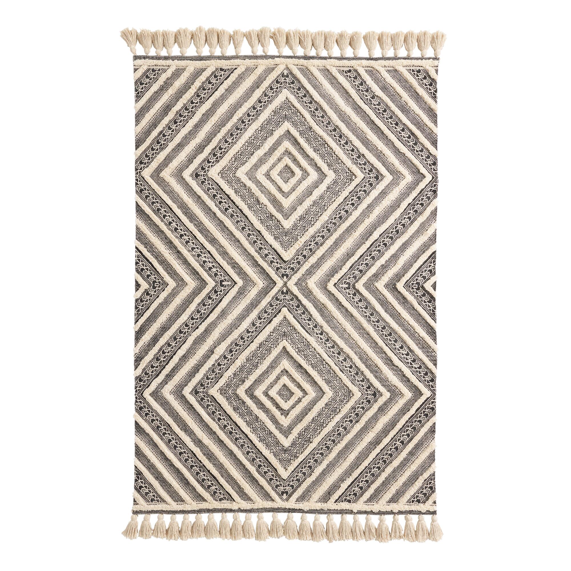 Black and Ivory Tufted Diamond Area Rug - Cotton - 4' x 6' by World Market