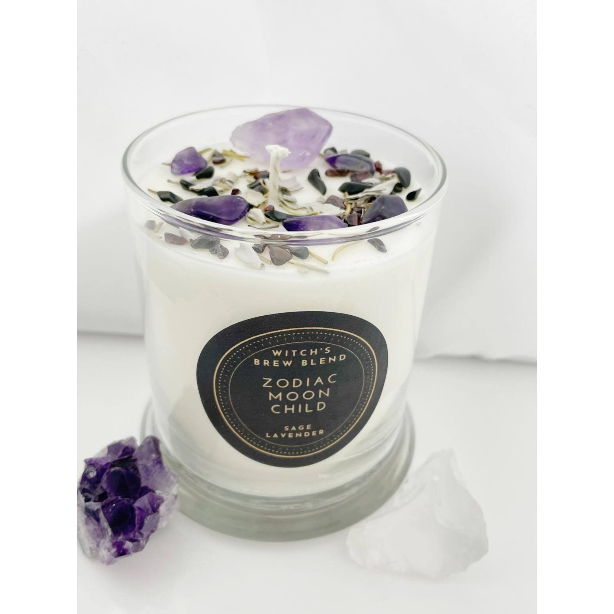 Witch's Brew Blend Crystal Candle - Lavender & White Sage Spiritual Collection Herb 100% Natural Soy Wax