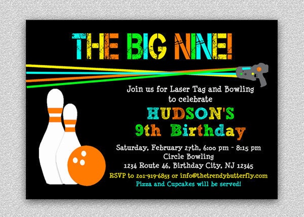 Laser Tag Bowling Invitation, Birthday Party, Kids Printable Printed Invitation