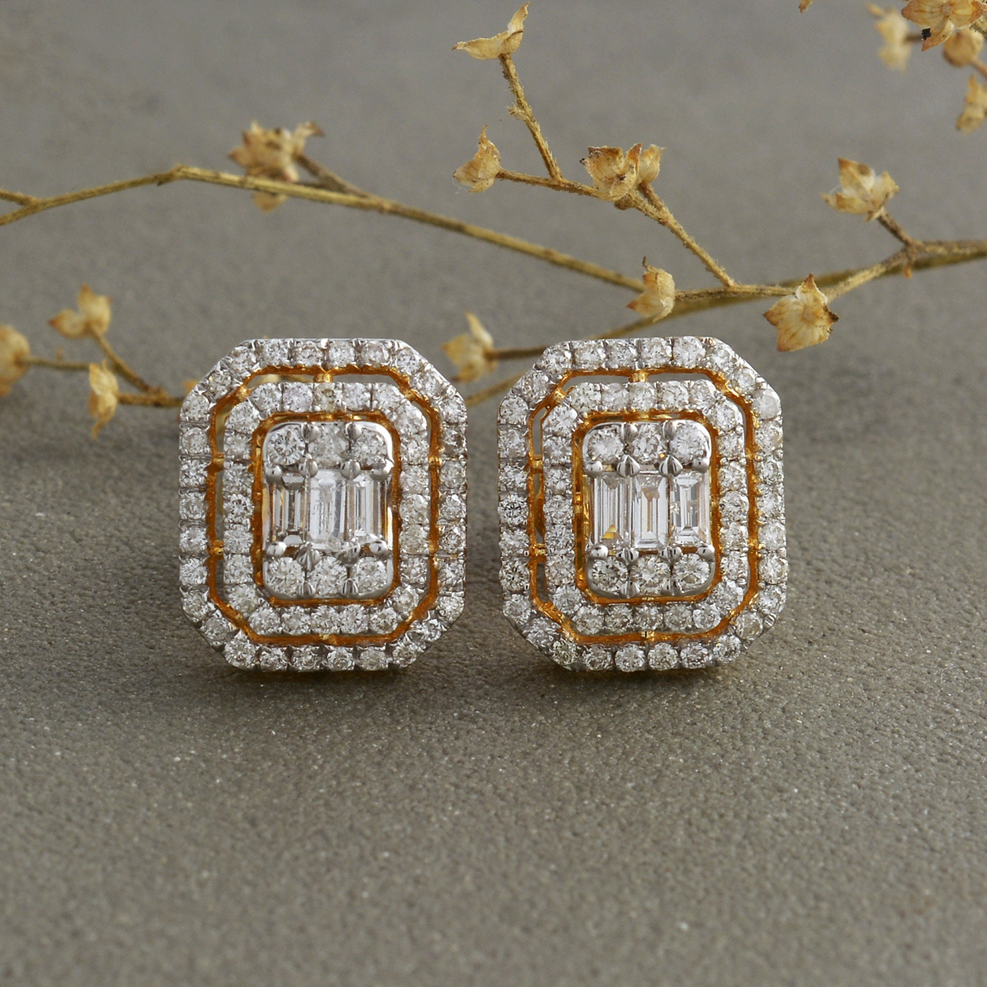 Diamond Studs Earrings, 14K Gold Earring, Si Clarity Hi Color Cluster Yellow Octagon Earrings