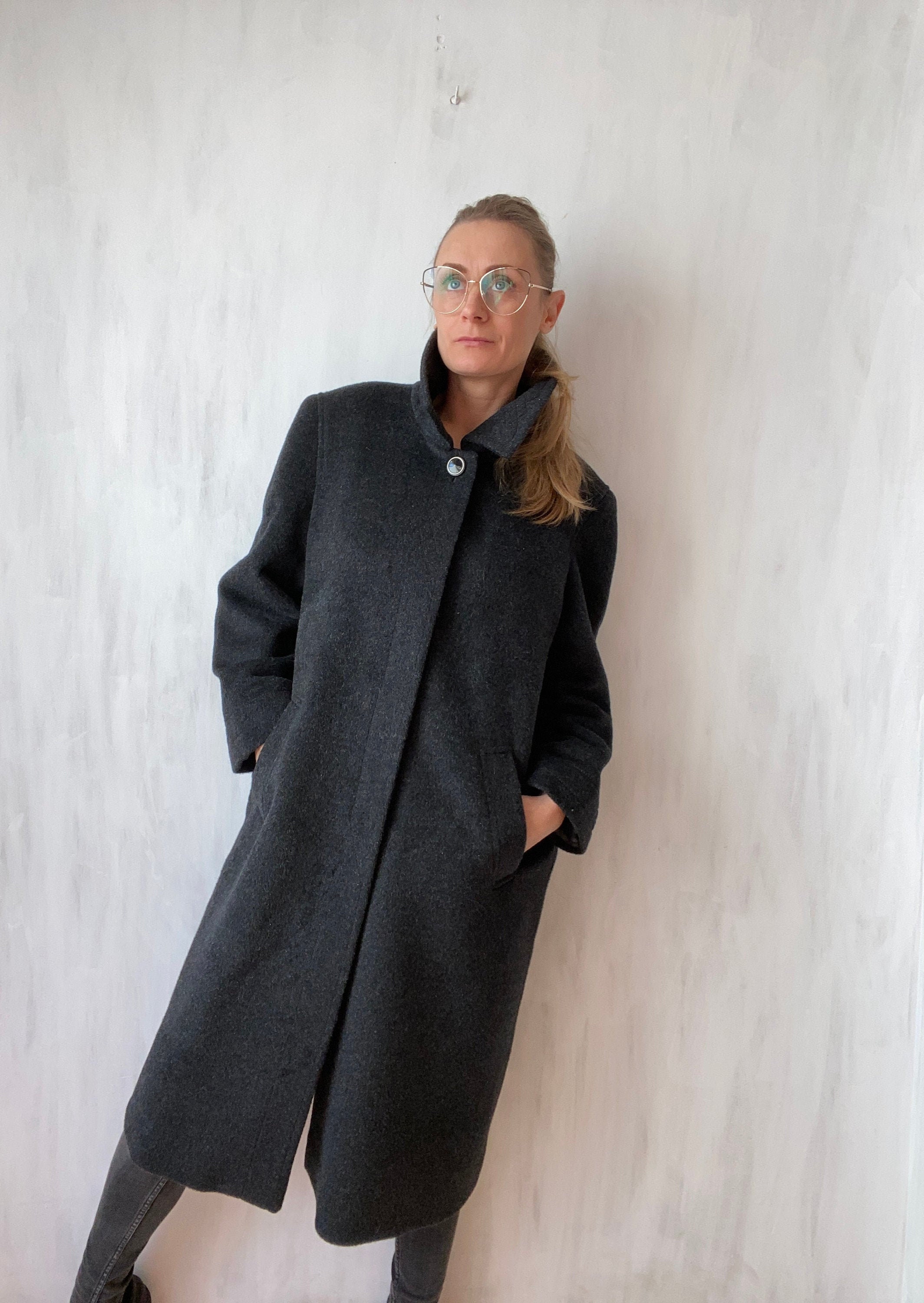 Vintage Alpaca Wool Blend Long Warm Coat, Hidden Buttons Classic Overcoat, Fits Best - S-M-L