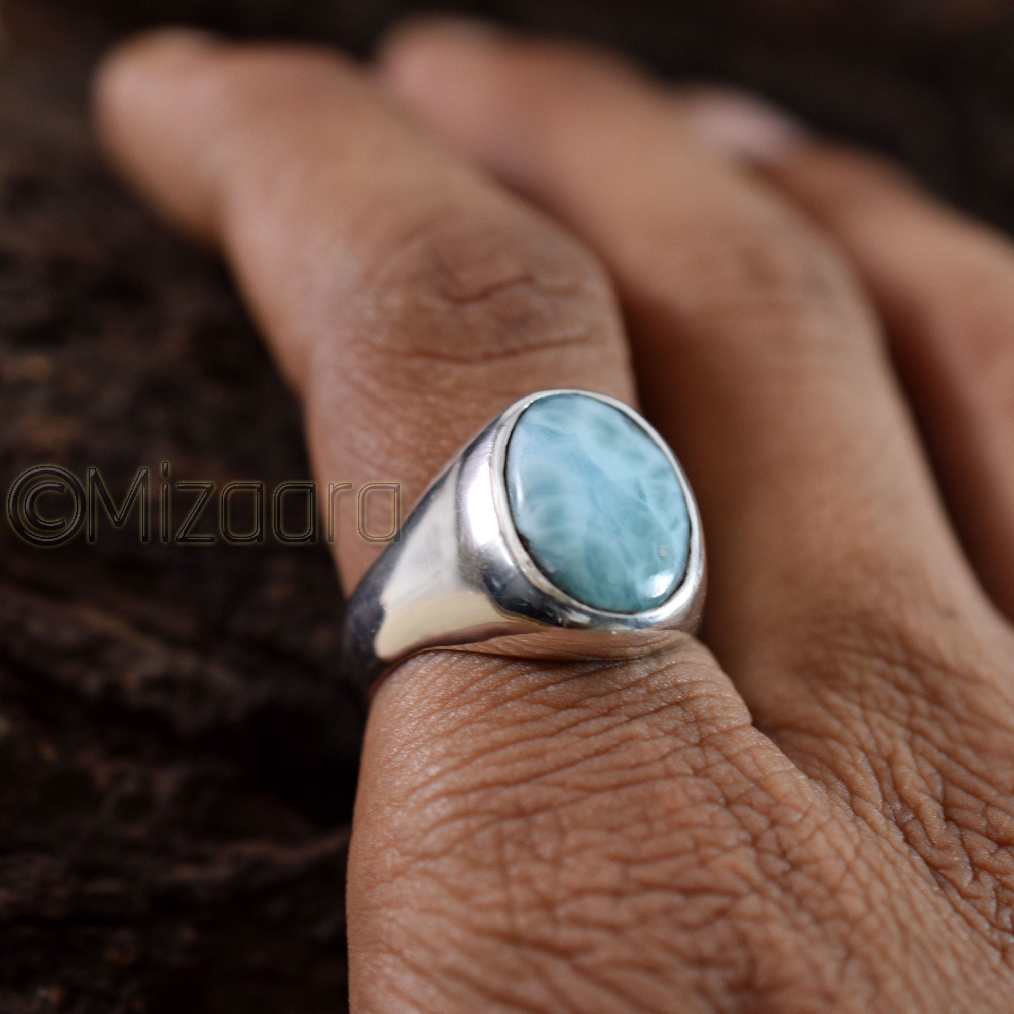 Dominican Larimar Ring 925 Sterling Silver Blue Pectolite Natural Gemstone Father's Day Gift Heavy Ring Handmade