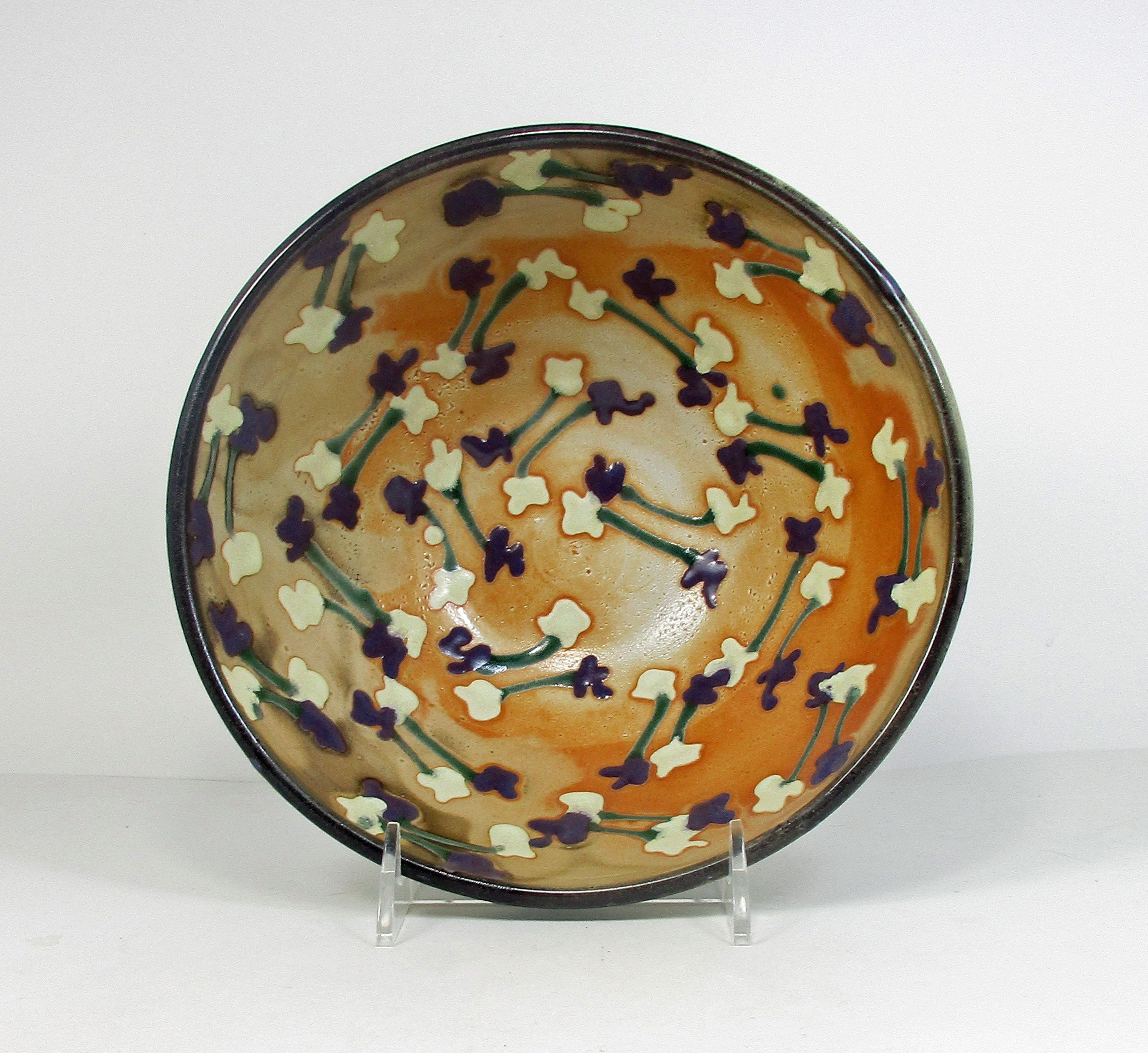 Ceramic Serving Bowl in Shino With Yellow & Purple Flowers