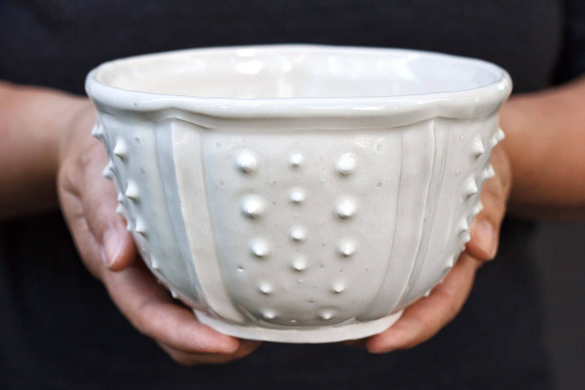 White Porcelain Soup Bowl - Sea Urchin Ceramic Bowl, Handmade White Noodle Ramen Large Big