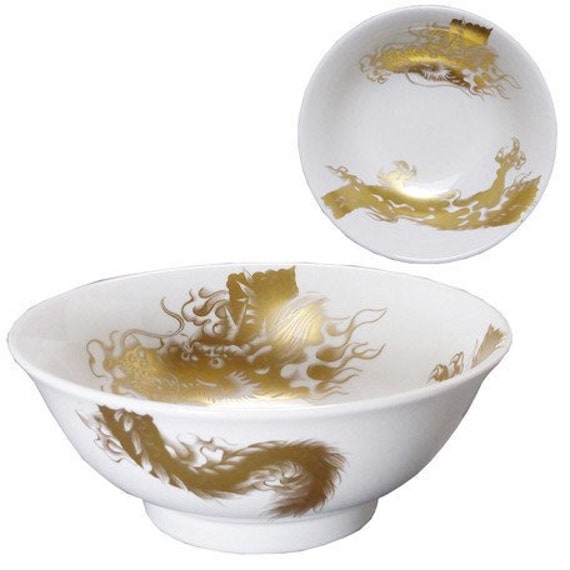 Japanese Ramen Bowl Ceramic Mino Ware Japan For Homemade Ramen - Gold White Dragon 21.2 8.5cm | 3.35 Inch
