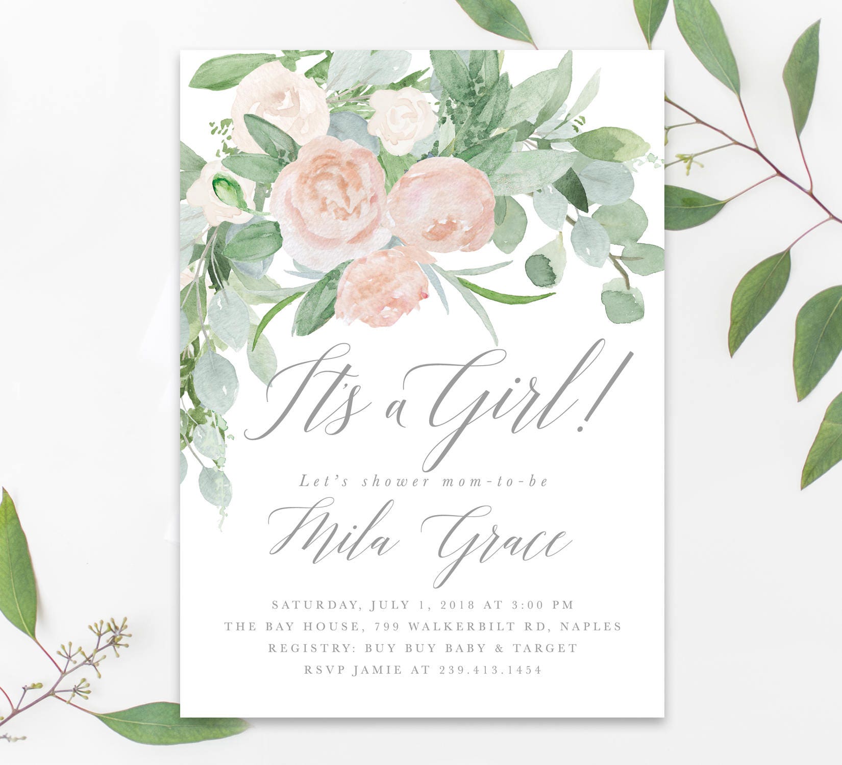 Girl Baby Shower Invitation, Floral Invitation Girl, Blush Pink Flowers Invite, Greenery Invite - Mila