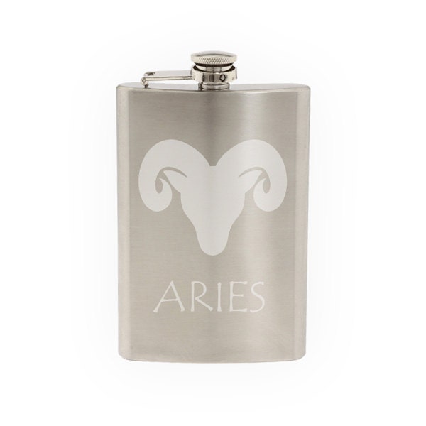 Zodiac Horoscope Astrology - Aries Ram Symbol Etched 8 Oz Stainless Steel Flask