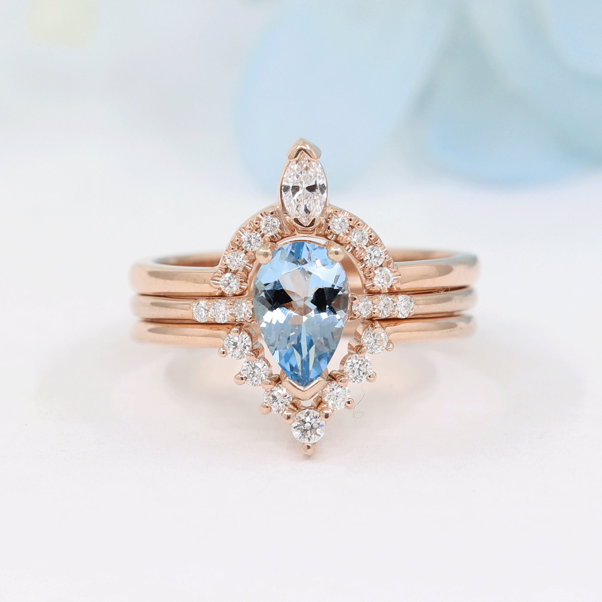Natural Aquamarine Wedding 3 Ring Set.diamond Matching Engagement Set.14K Solid Gold & Diamond Ring.bridal Set