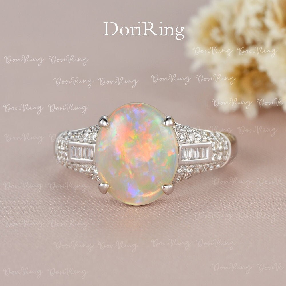Cocktail White Gold Opal Ring Natural Australian Fire Engagement Solitaire Diamond Art Deco Anniversary Gift For Her 1.5Ct