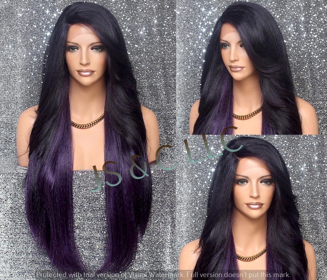 Exotic Purple Mix Human Hair Blend Full Lace Front Wig W. Feathered Sides Long Swept Bangs & Natural Side Parting Cancer Alopecia Theater