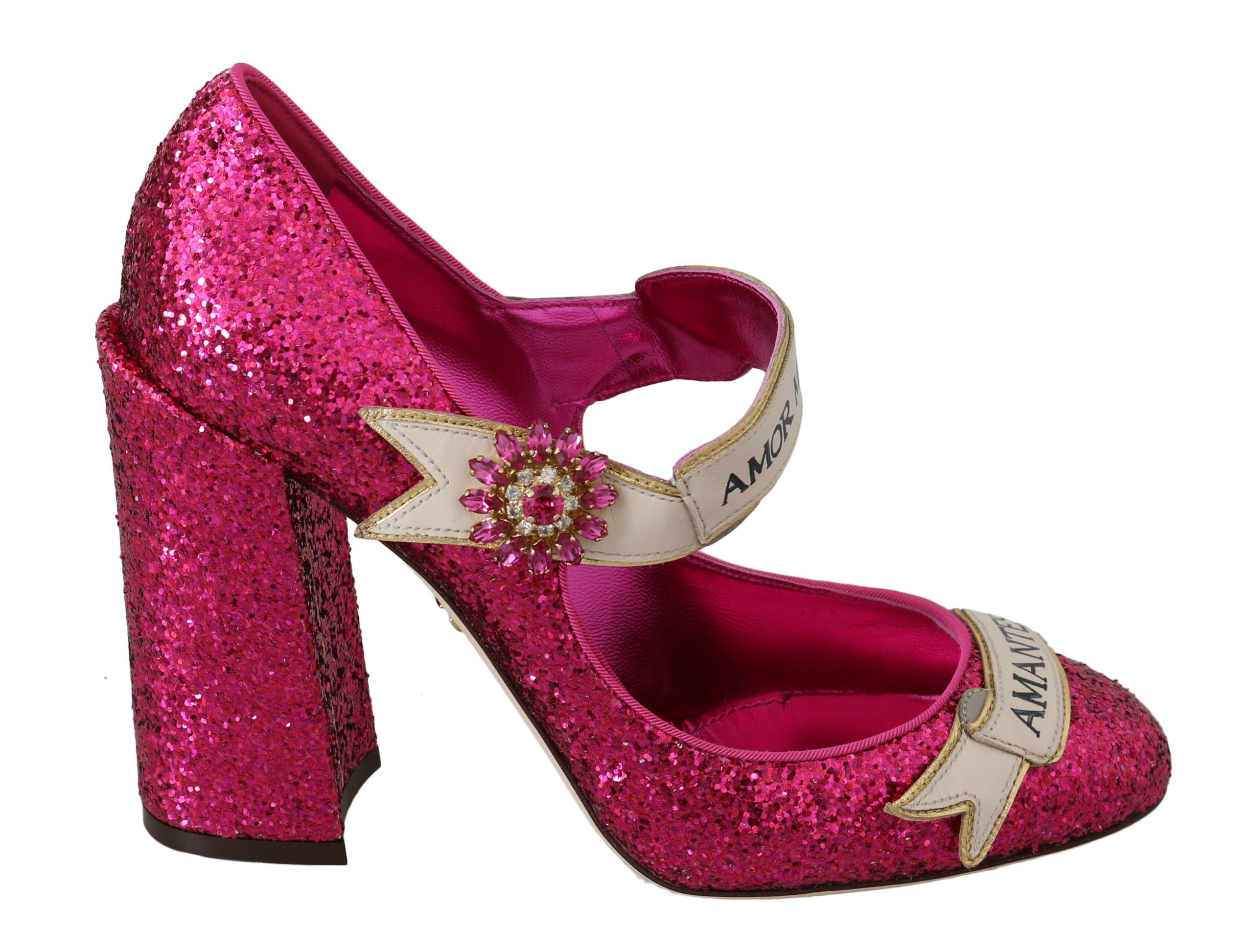 Dolce & Gabbana Women's Crystal AMOR Mary Janes Glitter Pump Pink LA6264 - EU35/US4.5