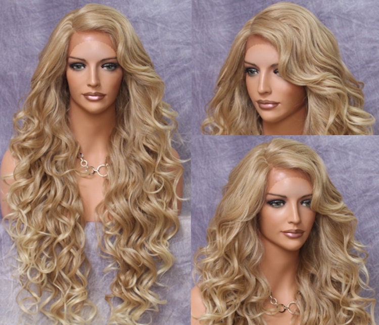 Extra Long Human Hair Blend Lace Front Wig 38 Curly Carmel Blonde Mix Heat Safe Cancer/Alopecia/Theater/Cosplay/Club