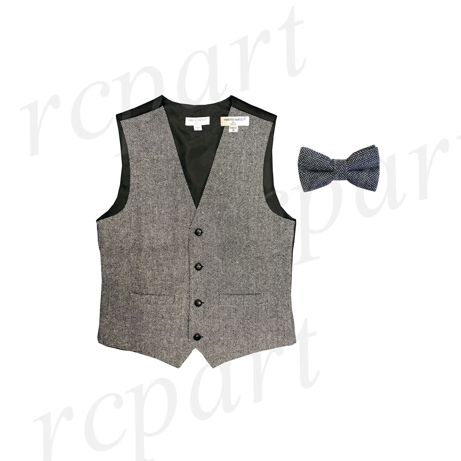 New Men's Wool Blend Slim Fit Herringbone Tweed Vest Waistcoat With Matching Bowtie Set, Black White