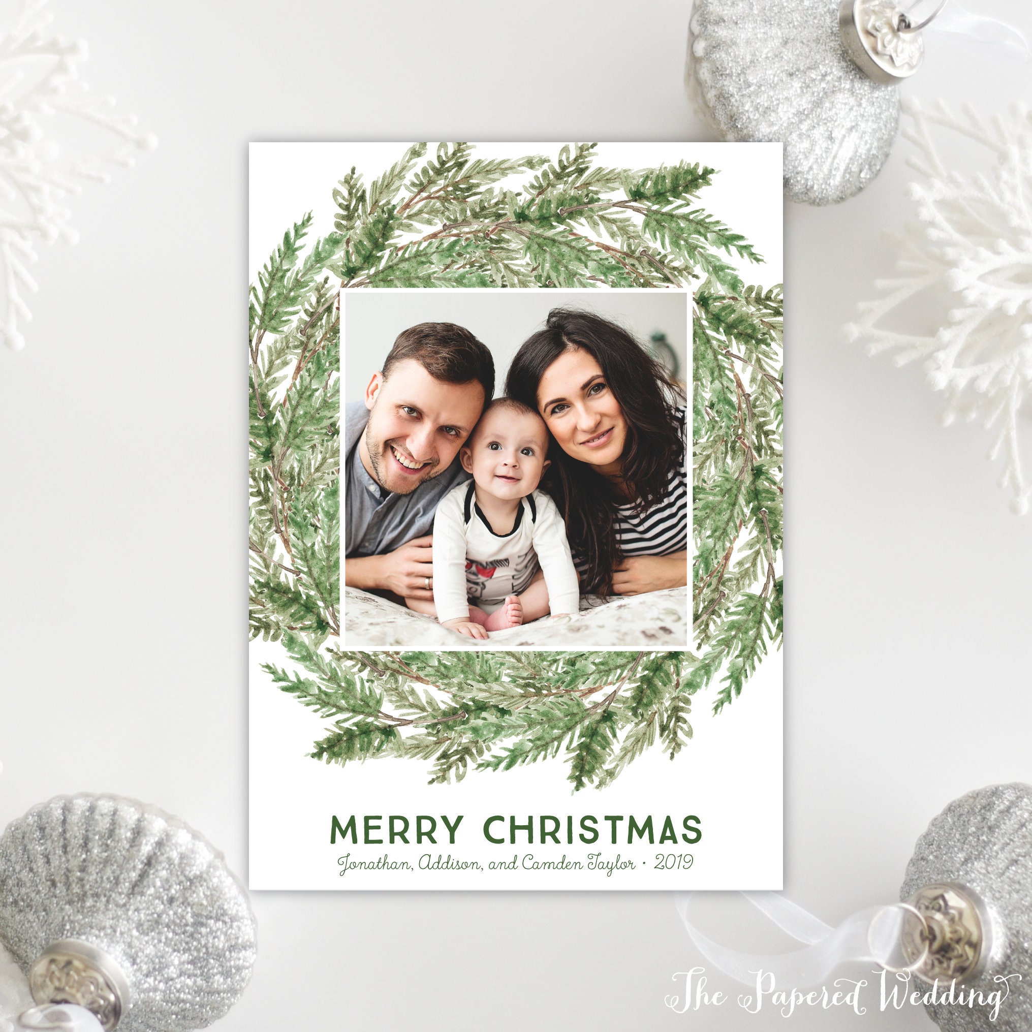 Printable Or Printed Christmas Wreath Photo Cards - Green Picture Holiday Pine Branch 091 P1