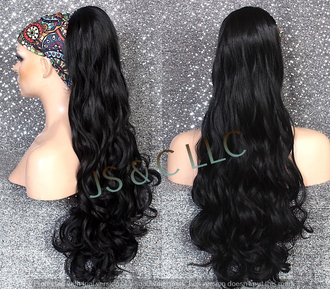 Black Human Hair Blend Ponytail Piece Drawstring Ex Long Wavy/Curly Simply Put It On & Go Can Be Wrapped Around As A Bun
