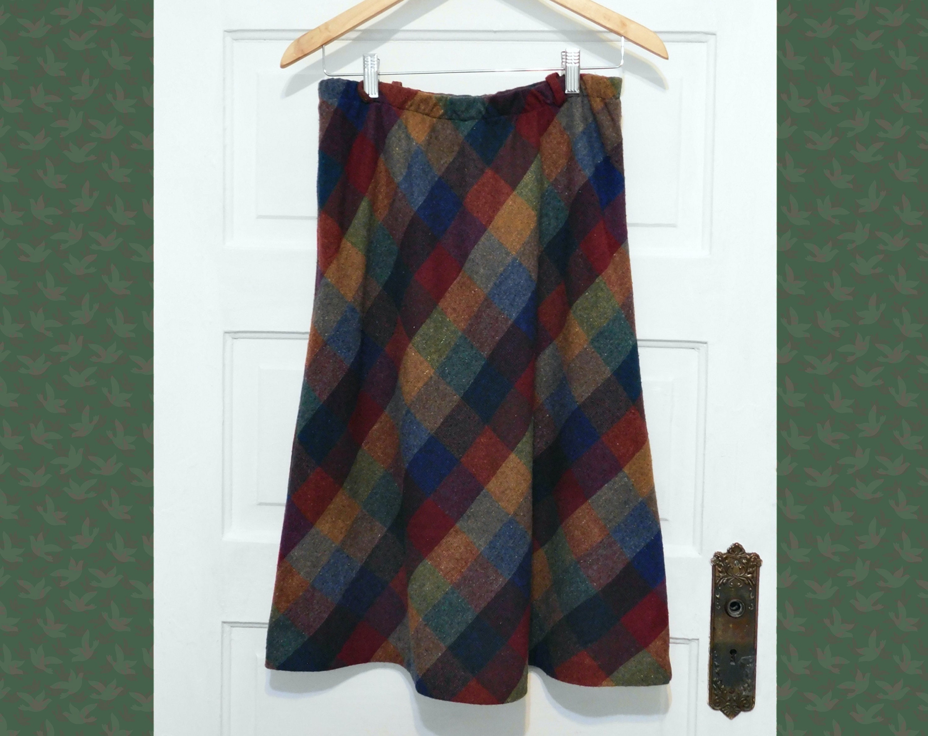 1970S Rainbow Checked Wool Blend Multicolor Midi Skirt -High Elastic Waist 14 To 16/ Length-27""