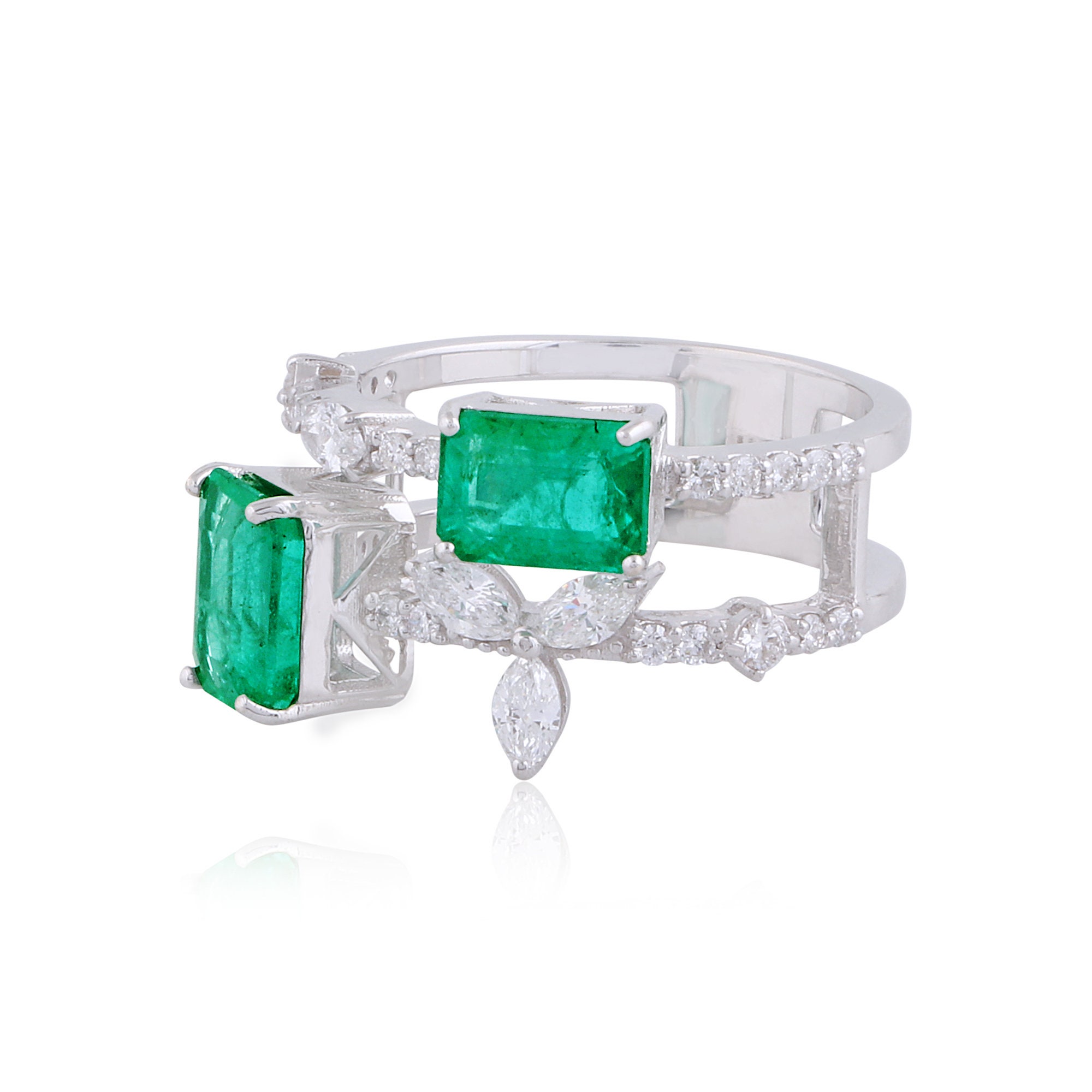 18K White Gold Emerald Cut Green Ring 0.65 Ct Si Clarity Hi Color Marquise & Round Diamond Certified Jewelry Mothers Day Gift