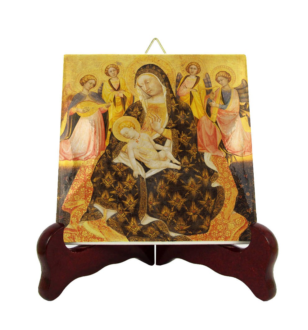 Virgin Mary Icons - Madonna & Child With Angels Icon On Tile Medieval Art Mother Art Christian