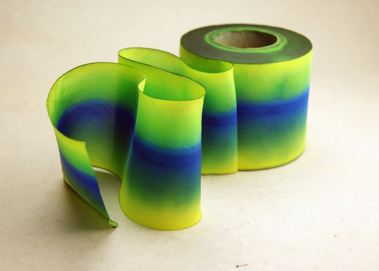 Hand Dyed Silk Ribbon 2.5 Blend 017 Liquid Blue Green - 3 Yard Bias Cut Length