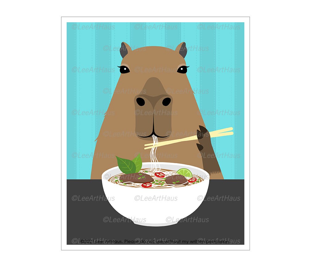 106J Capybara Eating Bowl Of Pho Noodles Wall Art - Funny Food Prints Print Kitchen Decor Noodle Soup Poster
