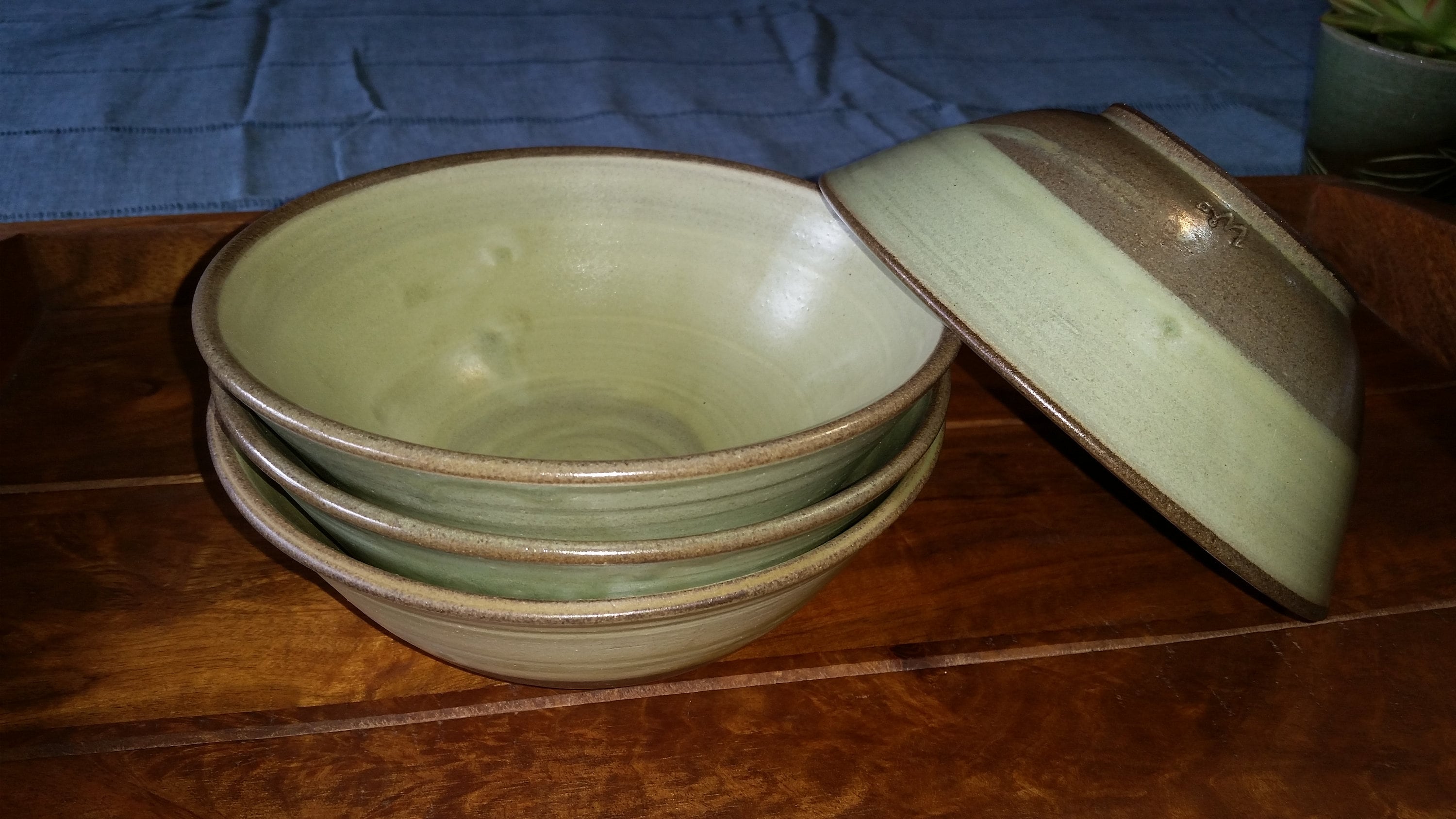 Wheel-Thrown, Rustic Stoneware Olive Green Ramen Noodle Bowls, Soup Cereal Salad Bowls. Set Of 4 - Ready To Ship