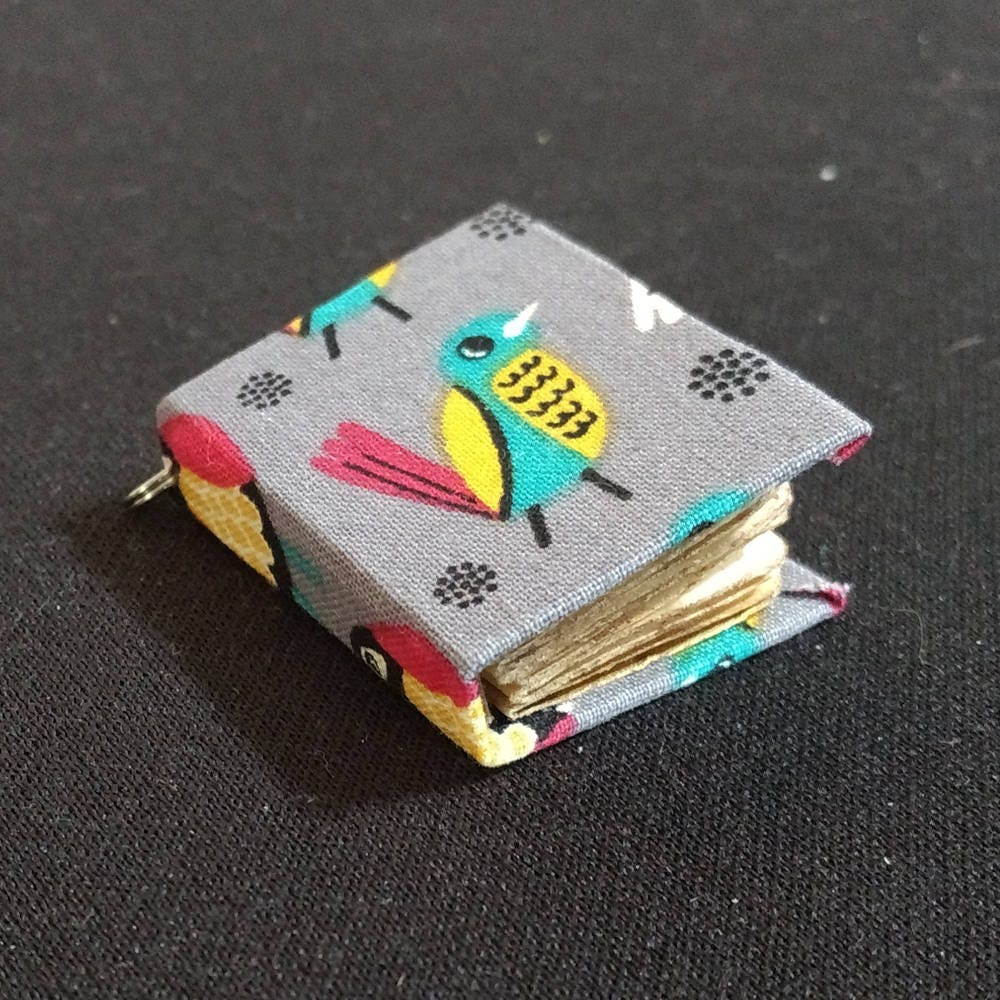 Miniature Fabric Book Charm, Blue & Yellow Bird, Pendant, Necklace, Journal, Bird Lover, Literature, Lover Gift - Hand Made in The Usa