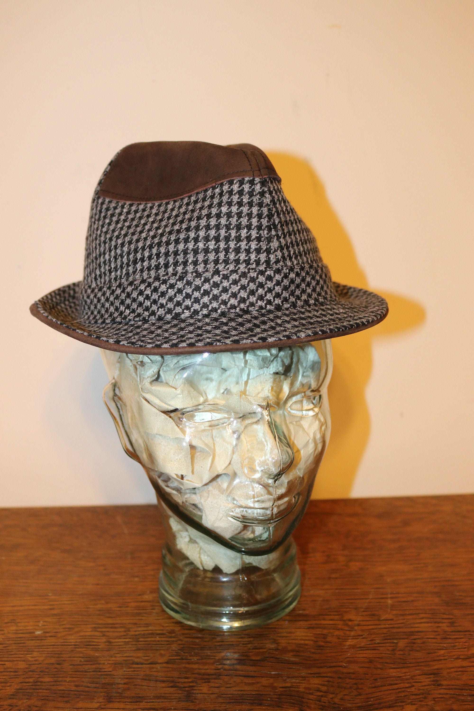 Daniel Cremeux Wool Blend Fedora - Brown Blue Wool/Polyester/Cotton Size S/M Leather Accents