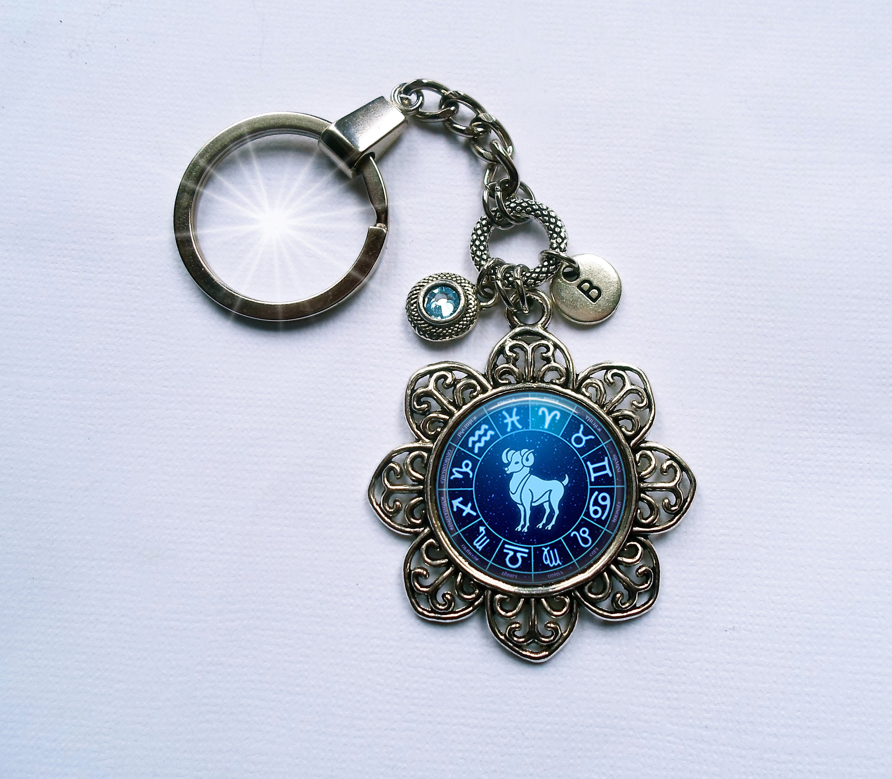 Aries The Ram Keychain Or Zipper Pull With Swarovski Birthstone Crystal & Letter Charm, Zodiac Gift, March 20 - April Birthday