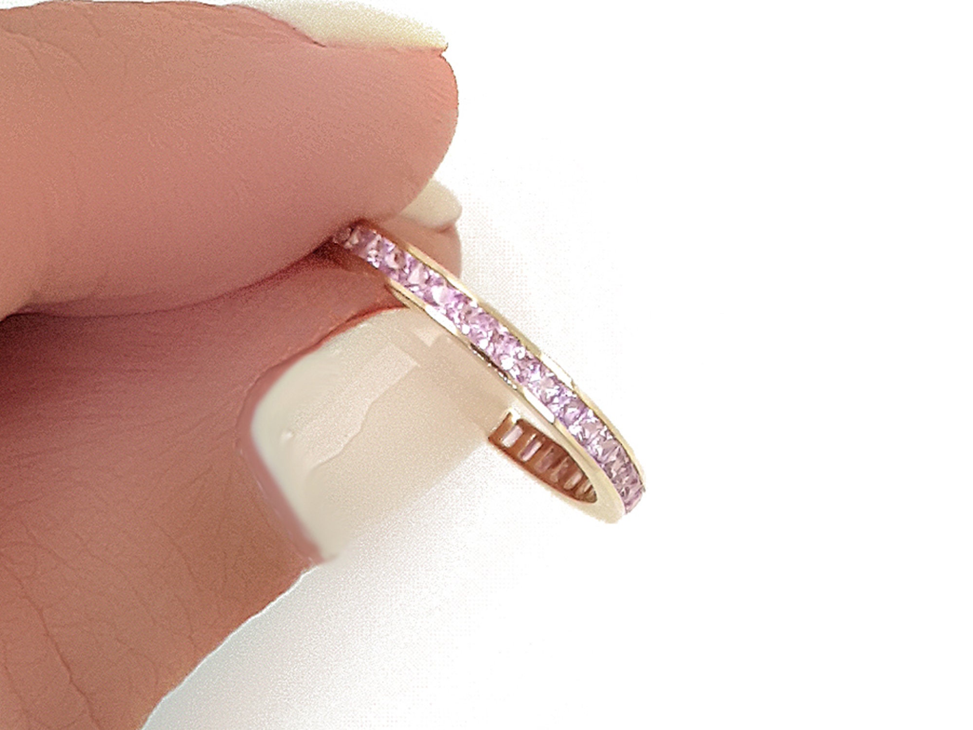 Light Pink Sapphire Princess Cut Eternity Ring 2.2mm 18K 14K. Wedding Band . Full 3/4 Half Yellow Rose White Gold Platinum