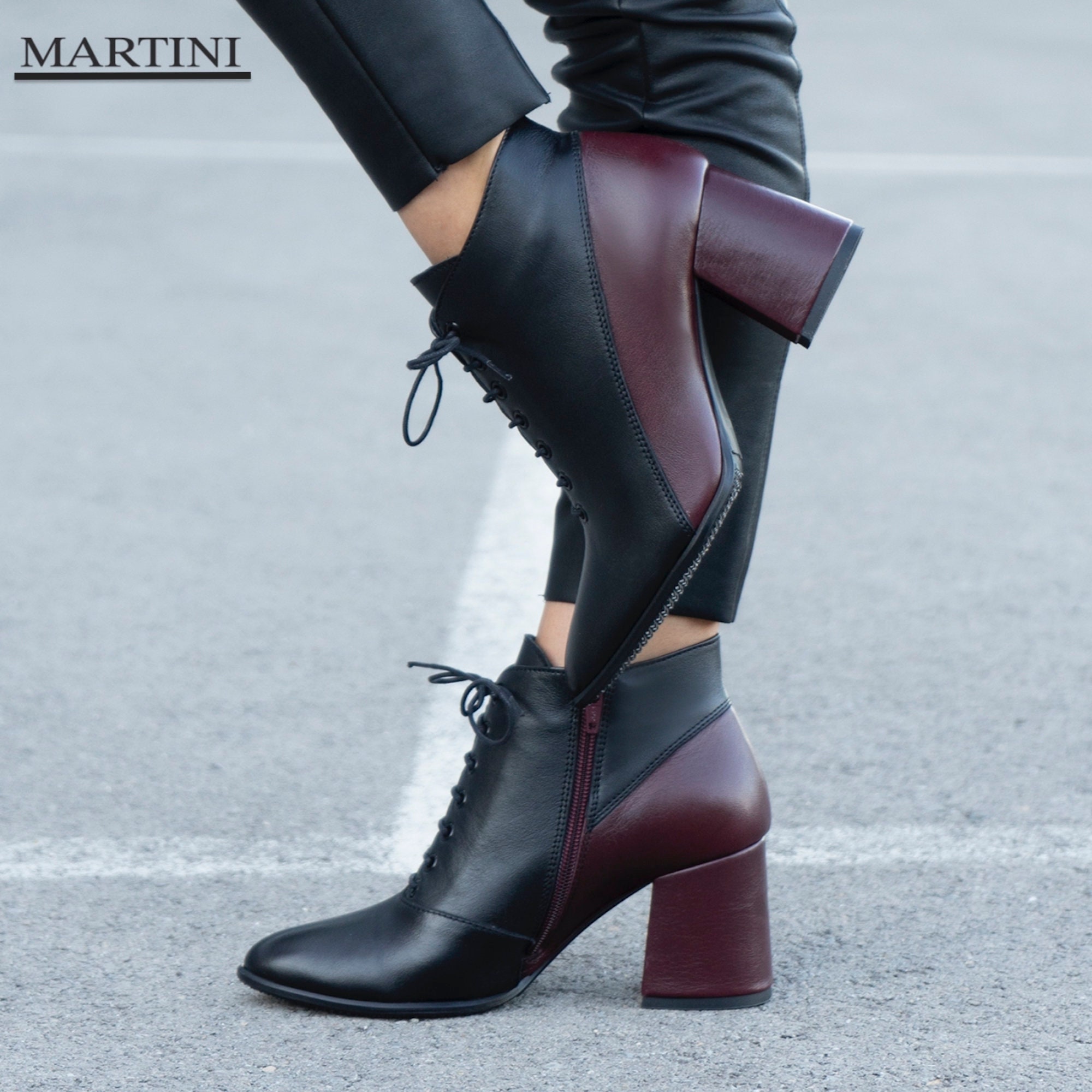 Black&red Ankle Boots For Women ~ Leather Shoes Chunky Heels Bordeaux Zipper Elegant Lace-Up