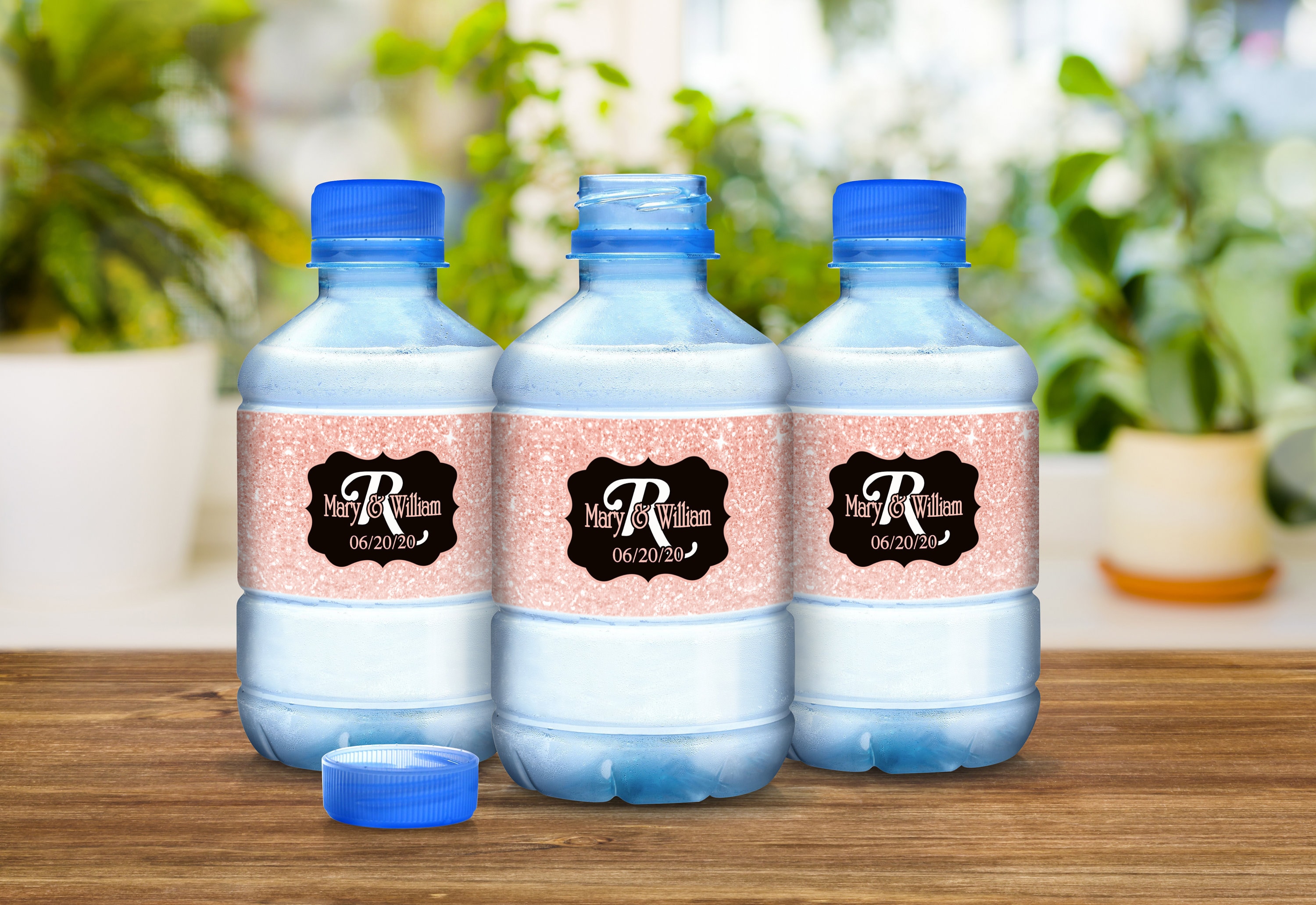 30 Rose Gold Monogram Water Bottle Labels, Personalized Wedding Waterproof, Bridal Shower, Welcome Bags, Labels